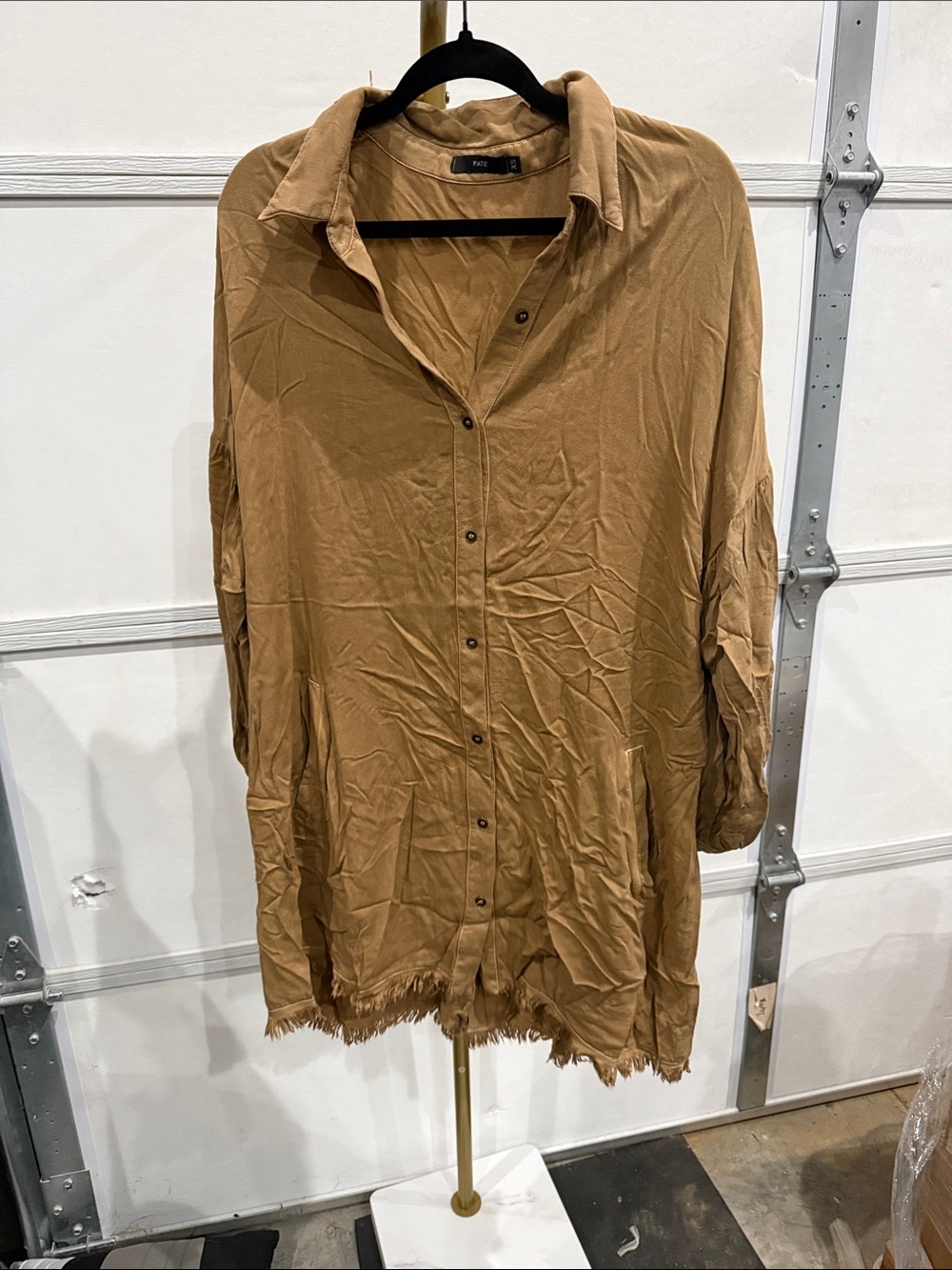Fate Long-Sleeve Button-Front Dress in Camel Brown